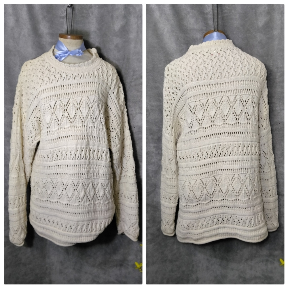 Vintage Forelli Cream Open Knit Cotton Chunky Sweater